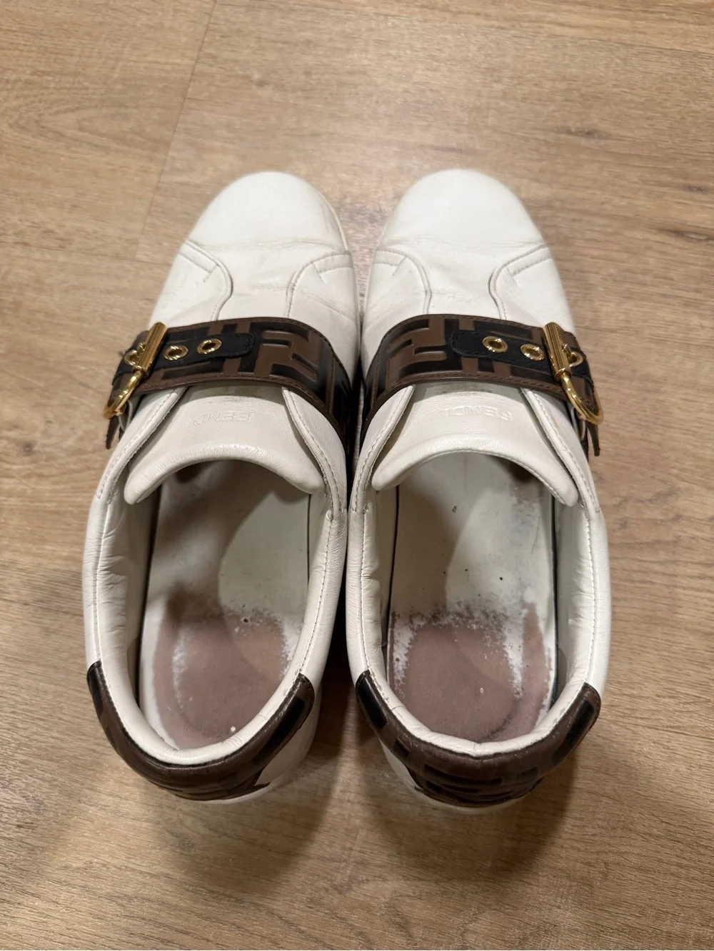 Fendi White Leather Sneakers with Brown FF Strap and Gold Buckle - Picture 6 of 7